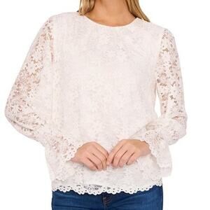 CeCe Lace Crew Neck Long Sleeve Smocked Cuff White Blouse Size 3X